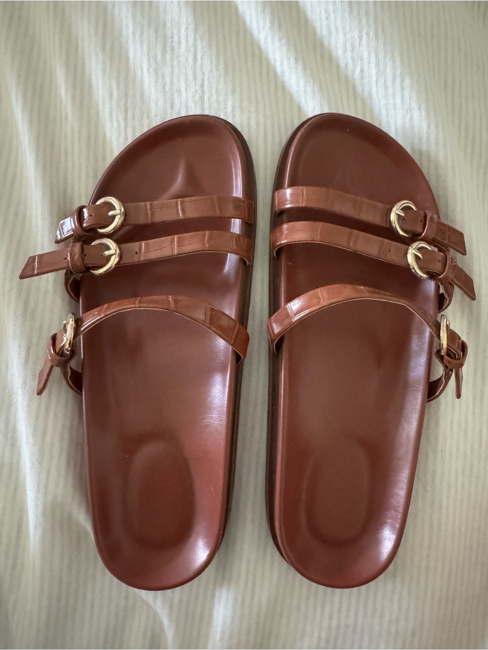 J. Crew Brown Leather Double-Buckle Slide Sandals